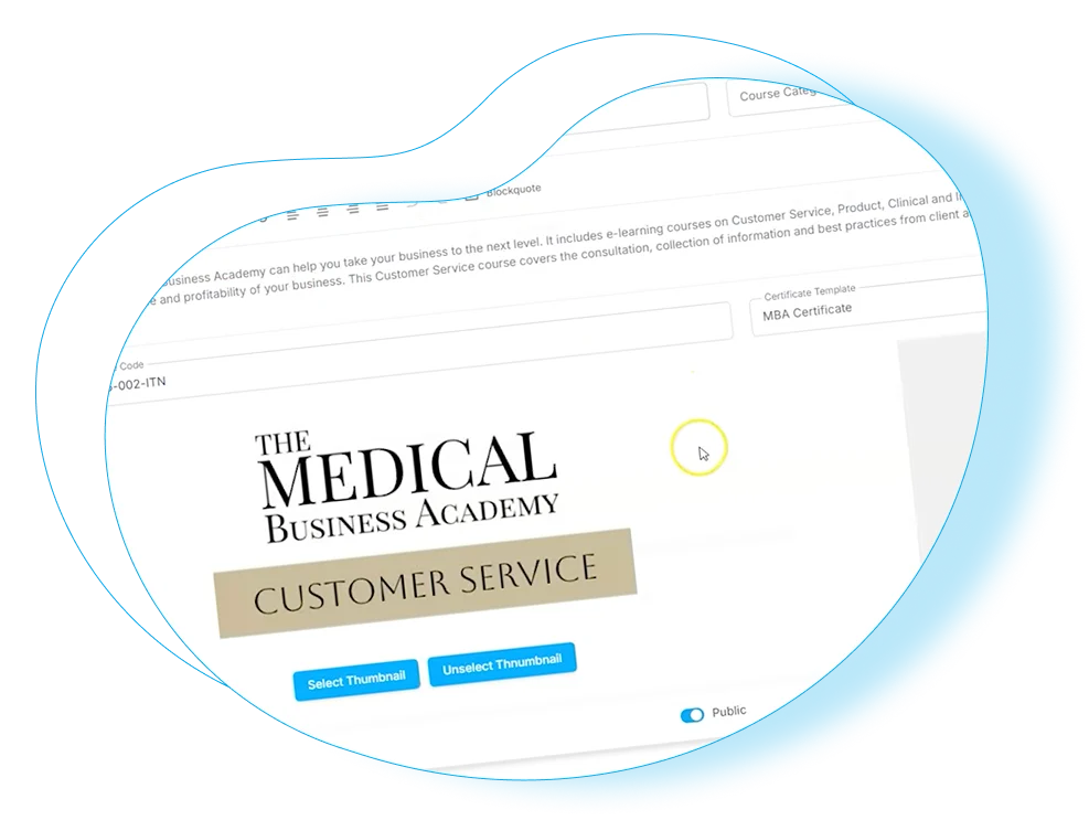 Screenshot of a website titled "The Medical Business Academy" featuring a course on Customer Service.