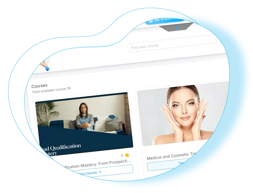 Online course dashboard displaying two courses: one featuring a woman sitting, the other showing a woman touching her face.