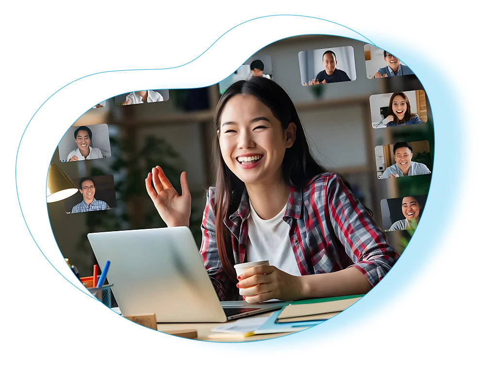 A smiling woman in a plaid shirt engages in a video call on her laptop, surrounded by floating screens with participants.